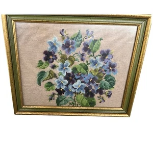 Vintage Framed cross-stitch art bouquet of African violets. - Picture 1 of 5