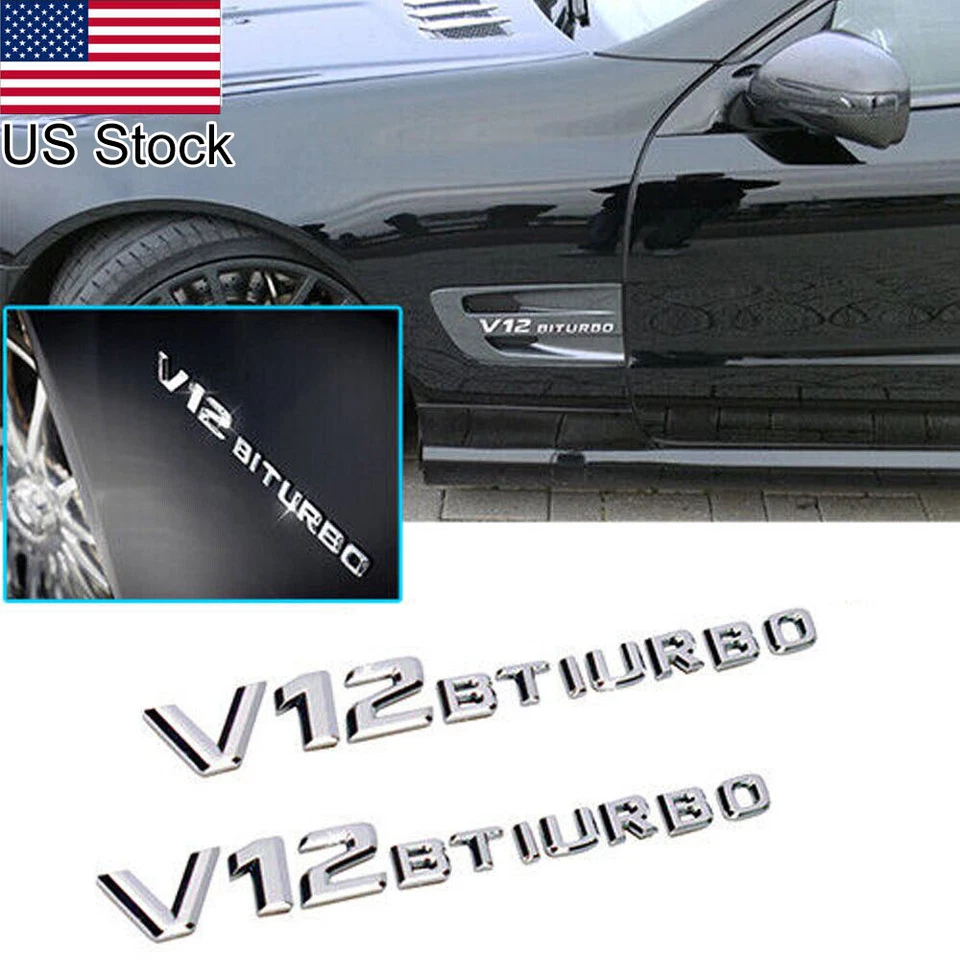 For Mercedes Benz CL63 S65 G63 AMG 2x Chrome Fender V12 BITURBO Emblems Badge - Image 1 of 4