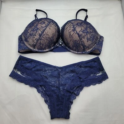 Sujetador y panty descarada Victoria's Secret Bombshell Plunge 38C nuevo sin etiquetas - encaje azul marino Foto 1 de 4
