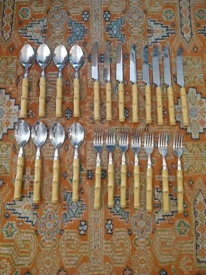 Vtg Faux Bamboo Plastic Handle Stainless Flatware 23 Pcs - Image 1 of 4