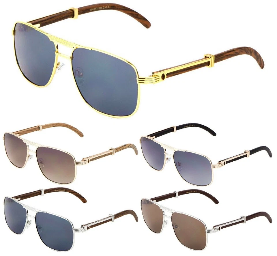 EXECUTIVE AVIATOR SUNGLASSES METAL FAUX WOOD SQUARE LUXURY BUFF RAP HIP HOP VTG - Image 1 of 1