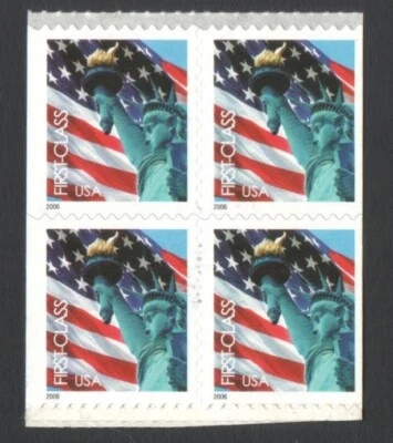 Unused US Postage Block of 39 Cent First Class Stamps LADY LIBERTY & FLAG - Image 1 of 2