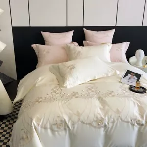 Bedding Set 4pcs Pure Cotton Embroidery Duvet Cover Flat Sheet Pillowcases Silky - Picture 1 of 16