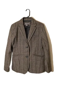 Eddie Bauer Blazer Jacket Women’s 12, Grey Herringbone/Pinstripes 71% Wool, Nice - Picture 1 of 7