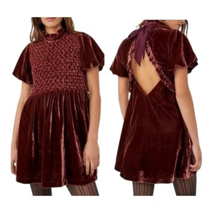 Free People Gum Drop Velvet Mini Dress Smocked Open Back Maroon Brown Size XL - Picture 1 of 21