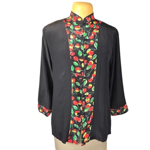 Beat Rice Women's 100% Silk Top Medium Black Cherry Print Mandarin Collar Italy - Picture 1 of 11