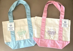 NWT TRADER JOES MINI CANVAS TOTE BAGS PASTEL COLORS PINK & BLUE SET OF 2 - Picture 1 of 2