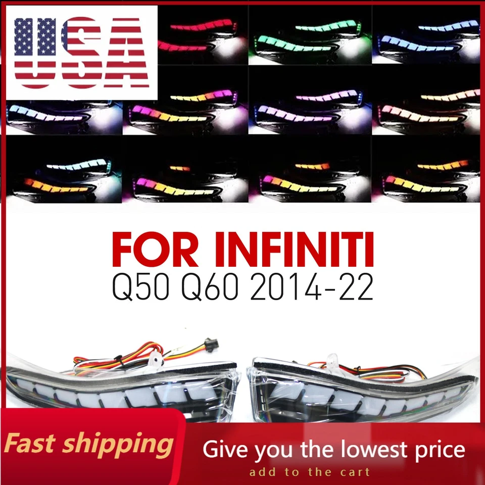 Светодиодные сигнальные лампы для бокового зеркала Infiniti Q50 Q60 2014-22 RGB с Bluetooth - Изображение 1 из 4