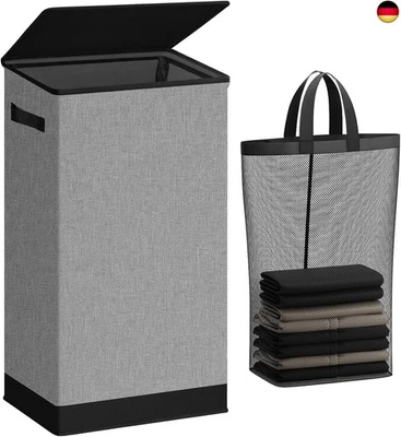 SOLEDI 100L Wäschekorb mit Deckel Grau und Wäschesack - Wäschesammler schmal Fü - Bild 1 von 4