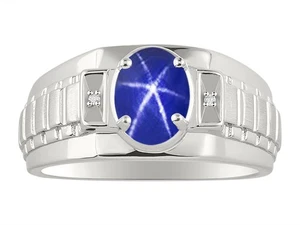 Rylos 925 Silver Ring  Simulated Blue Star Sapphire & Diamond 8X6MM Gemstone - Picture 1 of 3