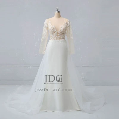 Fit Flare Crepe Meerjungfrau Spitze Brautkleid Hochzeitskleid m.Tüll  Schleppe - Bild 1 von 4