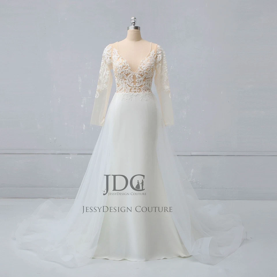 Fit Flare Crepe Meerjungfrau Spitze Brautkleid Hochzeitskleid m.Tüll  Schleppe - Bild 1 von 4