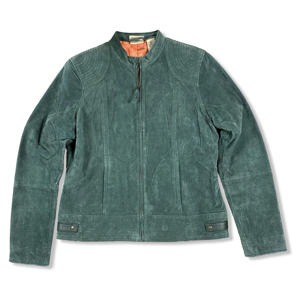 Chaqueta de cuero de gamuza tallada con volantes para mujer verde mediana cremallera frontal forro naranja usada en excelente estado Foto 1 de 4