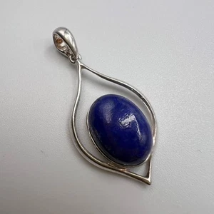 Vintage Women's Jewelry Pendant Sterling Silver 925 Lapis Lazuli Gemstone Signed - Picture 1 of 8