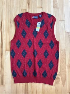 NWT Chaps Argyle Sweater Vest Men’s Sz M Golf Pullover Red Navy Blue 100% Cotton - Picture 1 of 10