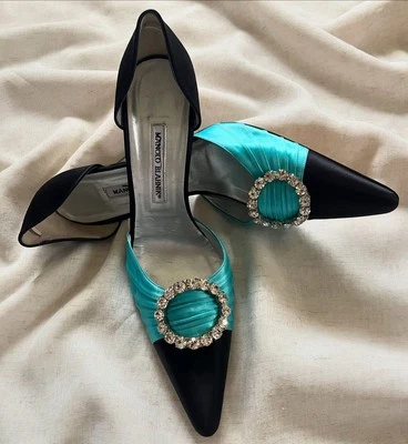 Manolo Blahnik raro azul y negro puntera d’orsay tacones satinados. EU 41.5 US 11.5 Foto 1 de 4