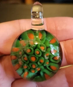 Vtg Millefiori Art Glass Pendant - Green Flowers Dome Shaped - 1.4" - Glass Bale - Picture 1 of 4