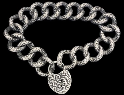 Brazalete antiguo de plata esterlina Art Deco con candado de corazón de 7" 14,4 m Foto 1 de 4