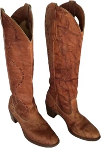 Woman’s 6.5 Boots Western Vintage Leather Brown Woven Made In USA 2” Heel Unique - Picture 1 of 12