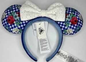 Disney Ohren blau Gingham Landhaus Blumen weiß Ösen Schleife Minnie Stirnband NEU - Bild 1 von 11