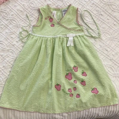 Винтажное платье для девочек Youngland размер 6 зеленое имбирь Seersucker розовое клубничное - Изображение 1 из 4