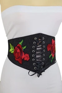 Women Black Denim High Waist Corset Elastic Band Extra Wide Belt Red Flower S M - Picture 1 of 17