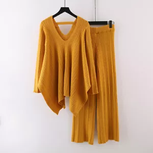 Womens Fashion Pleated Knitted Irregular V-neck Top Wide-leg Pants Sweater Suit - Picture 1 of 27