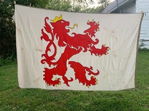 Large Vintage Rampant Lion Flag -White Red Embroidered Both Sides 5' x 8' Heavy - Picture 1 of 23