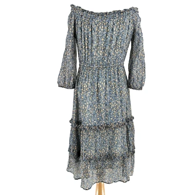 Anthropologie Midi 连衣裙 12 码蓝色花卉分层 3/4 袖露肩波西米亚 — 第 1/4 张图片