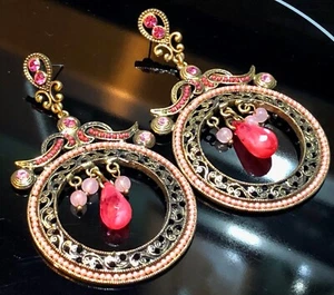 VTG Massive Pierced Earrings~Filigree Scroll Beaded Gold Tone/Rhinestoned Dangle - Picture 1 of 10