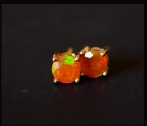 Natural Fire Opal Round Stud Earrings Pair Yellow Gold Over 925 Sterling Silver - Picture 1 of 3