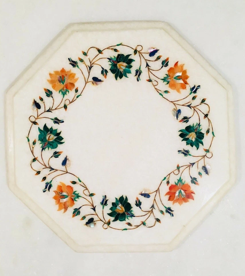 12" Marble Table Top Side End Handcrafted Pietra Dura Inlay Floral Work - Image 1 of 1