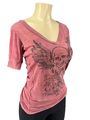 House of Blues Womens Short Sleeve V-Neck Casual Graphic Skull Red Top Tshirt S - Изображение 1 из 4