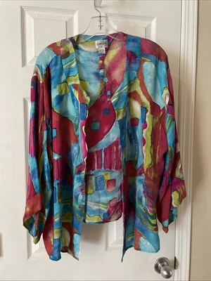 Chicos Women Pretty Blue Pink Design Gorgeous Open Front Jacket Cardigan Sz 2 - Image 1 of 3