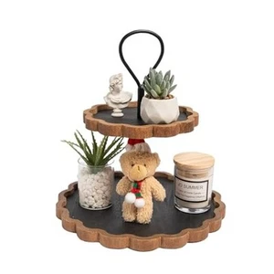 GENMOUS Scalloped Tiered Tray Stand for Farmhouse Kitchen Table Decor, 2 Tier - Picture 1 of 8