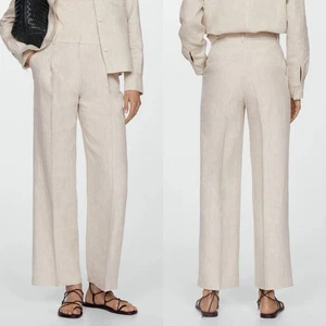 MNG by Mango Beige 100% Linen Straight Wide Leg Pleated Trousers Pants Size 14 - Picture 1 of 10