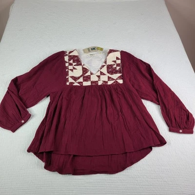 FatFace Helena Patchwork Blouse 12 Dark Red Balloon Sleeve NWT Peplum Hem  - Image 1 of 4