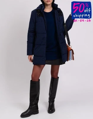 RRP€378 TWINSET Quilted Jacket IT38 US2 UK6 XXS Blue Embellished Logo Hooded — 第 1/4 张图片