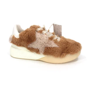 Stella McCarney Loop Faux Fur Sneakers NEW Beige Cream Lace Up Low Top Size 38 - Picture 1 of 7