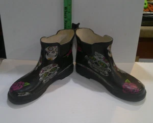Norty Women's Low Ankle Rain Boots Rubber Snow Garden Shoe Sugar Skull sz 9 - Picture 1 of 4