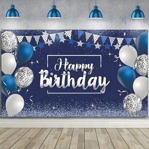 Blue and Silver Happy Birthday Backdrop Banner Sign Photo Background Party Decor - Picture 1 of 7