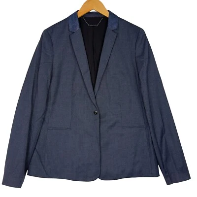 Blazer Elie Tahari Azul Marino Mujer 12 Un Botón Cuero A Medida Cuello Trabajo Carrera Foto 1 de 4