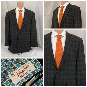 Penguin Blazer Jacket L Brown Blue Plaid Wool Stretch 2B 2V EUC YGI S1-79 - Picture 1 of 12