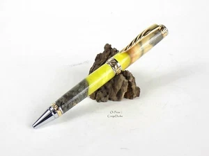 Buckeye Burl Cigar Pen Wood Stabilized Ballpoint Yellow Pearl Gold Chrome Hybrid - Picture 1 of 5