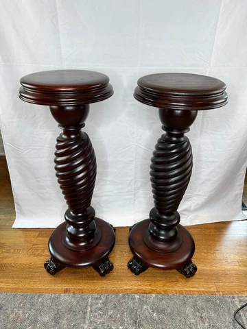 PAIR MATCHING LARGE Mahogany Carved Twist Pedestal Plant Stands Horner? NOT OAK Cover