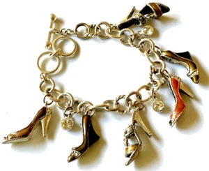 Vintage Grobes Emaille Schuhe Bettelarmband Knebelverschluss Silberfarben - Bild 1 von 16