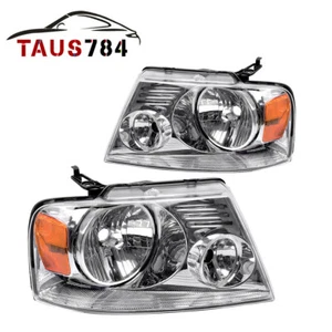 Headlights Assembly For 2004-2008 Ford F150 F-150 Chrome Amber Headlamp Set - Picture 1 of 12