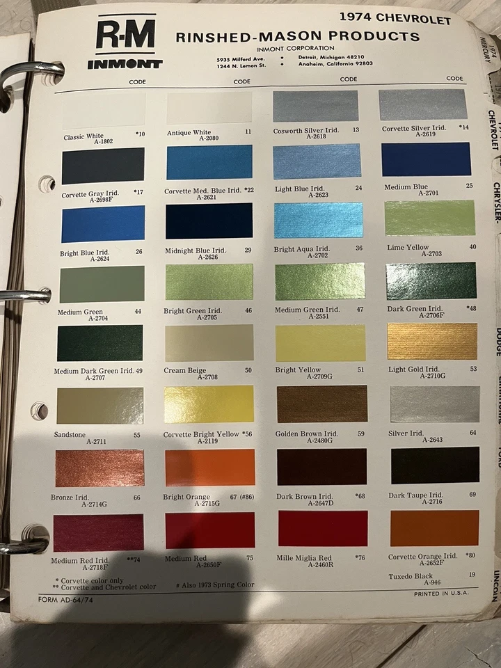 DE COLECCIÓN 1974 CHEVY CORVETTE CAPRICE EL CAMINO PINTURA VIRUTA HOJA ENJUAGADA ALBAÑIL RM Foto 1 de 1