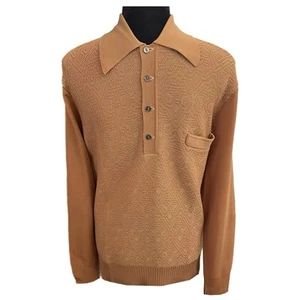 Vintage Ban-Lon Shirt 60s Marigold Textured Knit Collared Sweater - Mens Medium - Picture 1 of 5