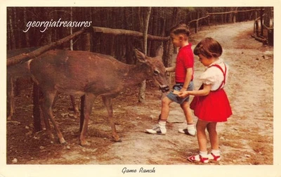 GA~GEORGIA~STONE MOUNTAIN PARK~WILDLIFE GAME RANCH~CHILDREN FEEDING DEER - Image 1 of 3